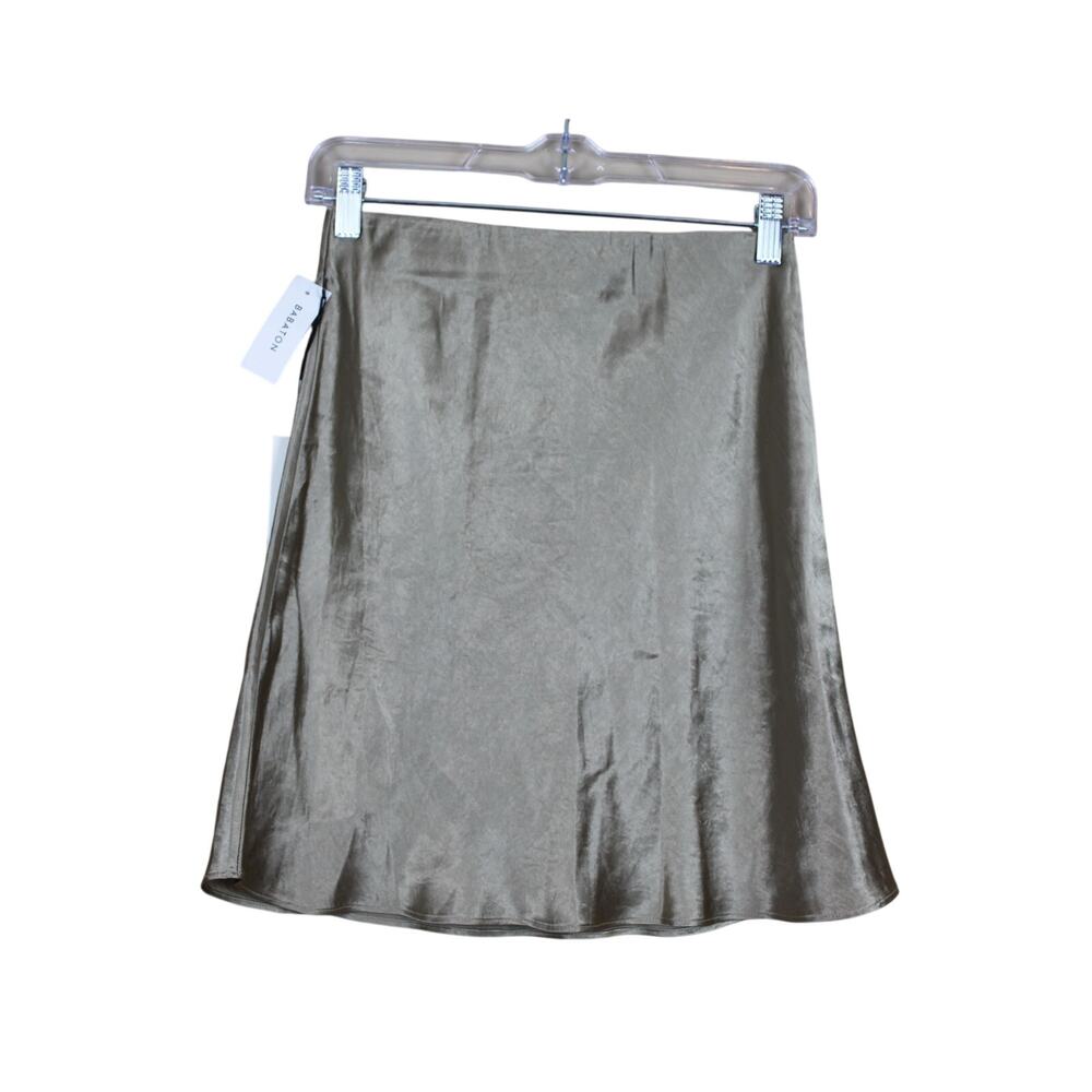NWT Babton Taupe Silky Shiny A-line Stretch Waist Pull On Slip Mini Skirt Size 4